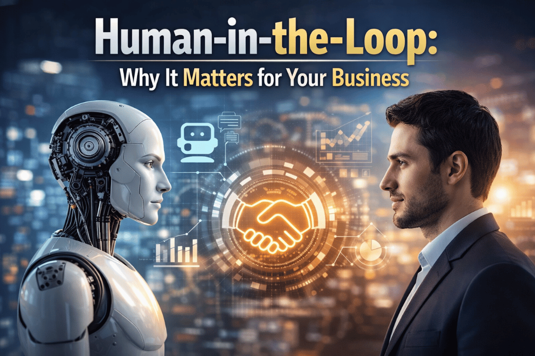 Human-in-the-loop concept showing AI robot and business professional collaborating with handshake symbol